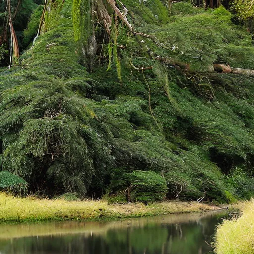 Prompt: From the pa we pulled up the Waiwhetu River, which there had lofty Rimu trees on its banks. The various bends were very beautiful and secluded, and seemed to be the home of the grey duck and teal, and numerous other wild fowl. Here and there, on the bank, was a patch of cultivation, and the luxuriant growth of potatoes, taros, and. Kumara, indicated the richness of the soil. As seen from the ship, or the hills, a lofty pine wood appeared to occupy the whole breadth and length of the Hutt Valley, broken only by the stream and its stony margin. This wood commenced about a mile from the sea, the intervening space being a sandy flat and a flax marsh. About the Lower Hutt and the Taita, it required a good axe-man to clear in a day a space large enough to pitch a tent upon. New Zealand. Aerial photography. Sunset, misty, wilderness.