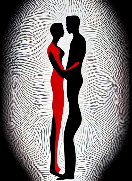 Image similar to 1 px color ink art by santiago calatrava, perfectly centered symmetrical balanced male and female portrait of man and woman in love sharing one heart. high coherence ; fractal geometrical 8 k ultra hd