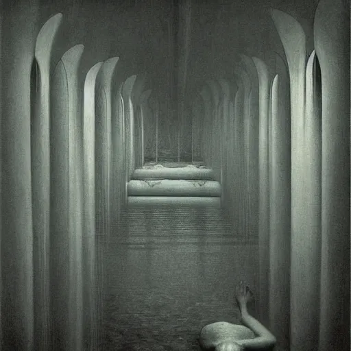 Image similar to swimming pool liminal space, scary, backrooms by zdzislaw beksinski