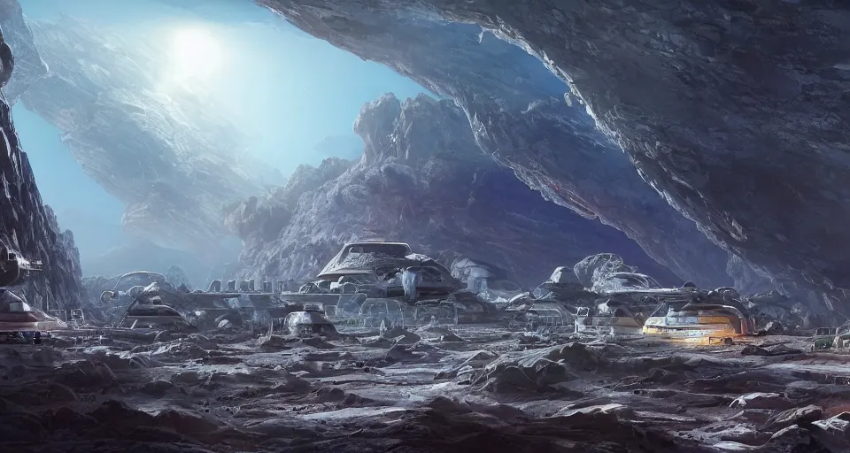 Prompt: a highly detailed digital matte painting of a 23rd century mineral extraction colony on the surface of an asteroid, by Stephan Martiniere and Raphael Lacoste and Peter Mohrbacher and Robert McCall, wide angle shot, hyperdetailed, space, octane render, 8k