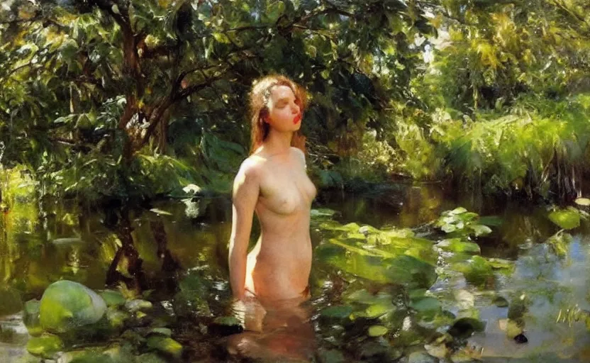 Image similar to oil painting lanscape by anders zorn, jungle nature, fruit trees, very very very very beautiful art, dramatic light, water reflections, female model