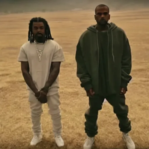 Prompt: bad quality picture of a leaked Kanye West and Kendrick Lamar music video