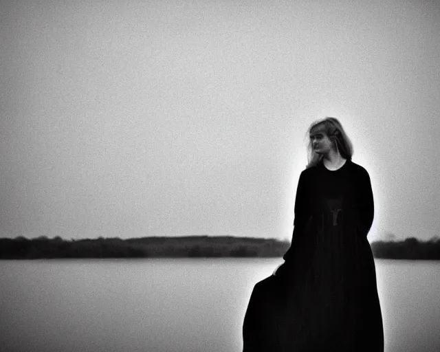 Image similar to lake by Andrei Tarkovsky, lady in long dress, mist, lomography effect, photo, monochrome, photo blurring, 35mm