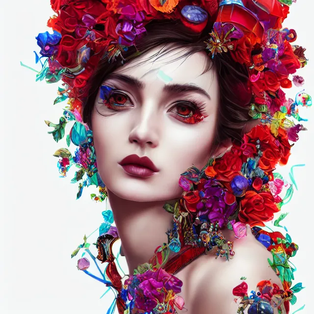 Prompt: studio portrait absurdly beautiful, elegant, lovely, young hypercolorful sensual russian woman rubies red petals gems, ultrafine hyperrealistic detailed face illustration by kim jung gi, irakli nadar, intricate linework, sharp focus, bright colors, matte, octopath traveler, final fantasy, unreal engine highly rendered, global illumination, radiant light, intricate rainbow environment
