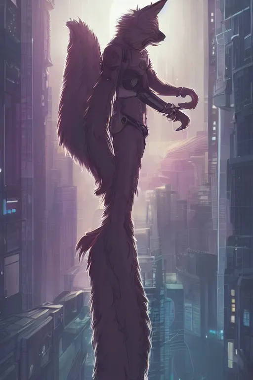 Prompt: a cyberpunk anthropomorphic fox with a fluffy tail staring over a futuristic city from the top of a roof, comic art, trending on furaffinity, cyberpunk, backlighting, cartoon, by kawacy