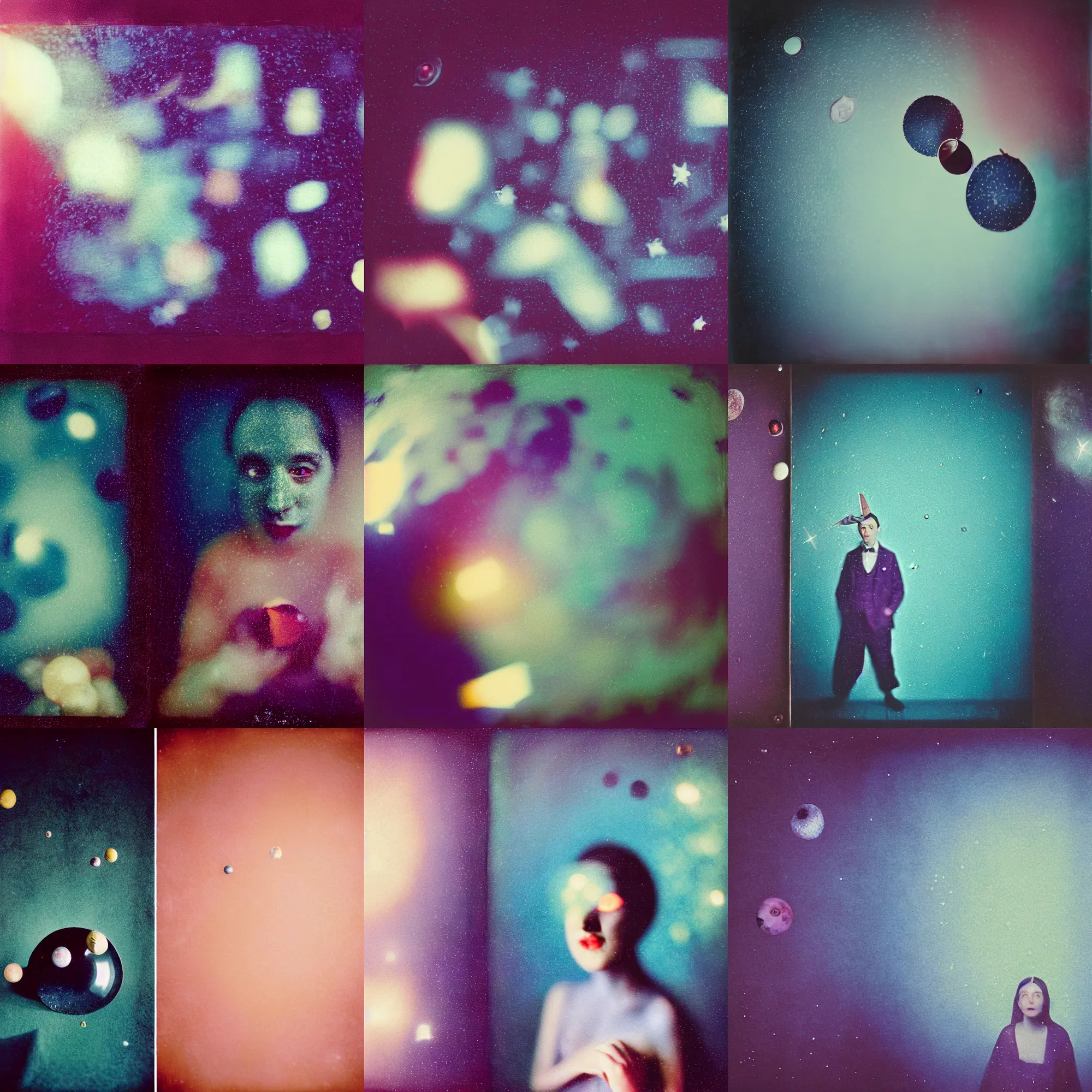 Image similar to kodak portra 4 0 0, wetplate, muted colours, blueberry, motion blur, portrait photo of a backdrop, sparkling, halfmoon in space, by georges melies and by wes anderson and by britt marling