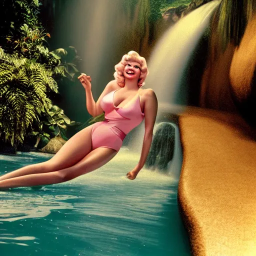 Image similar to a very beautiful award winning kodachrome of jayne mansfield under a tropical waterfall, full body, pale pink bikini, pink lipstick, detailed face, cinematic lightning, golden hour, medium shot, dslr, cryengine, raytracing, 4 k, cinematic wallpaper by gil elvgren, robert maguire, rudolf belarski