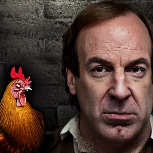 Image similar to saul goodman and a rooster in a medieval torture chamber, saw blades and knives in the background, horror movie, saul goodman, rooster!!!!!, real life photo, detailed face