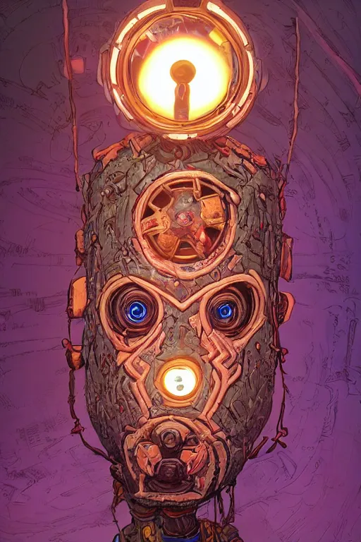 Image similar to tribal vodoo mask eye radiating a glowing aura global illumination ray tracing hdr fanart arstation by ian pesty and katarzyna da „ bek - chmiel that looks like it is from borderlands and by feng zhu and loish and laurie greasley, victo ngai, andreas rocha, john harris wooly hair cut feather stone