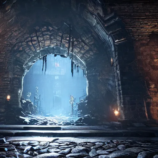 Image similar to a cave entrance in the middle of a city, screenshot from bloodborne, professional work, stunning screenshot