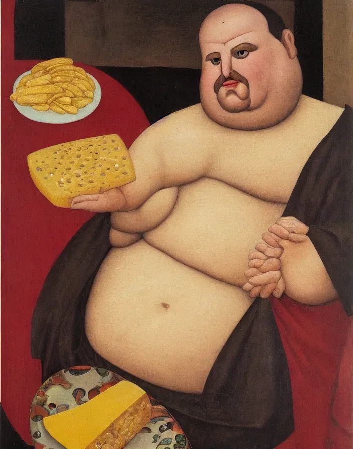 Prompt: obese ancient priest looking straight at camera, by fernando botero, cheese, oliven oil, grease, food, intricate details
