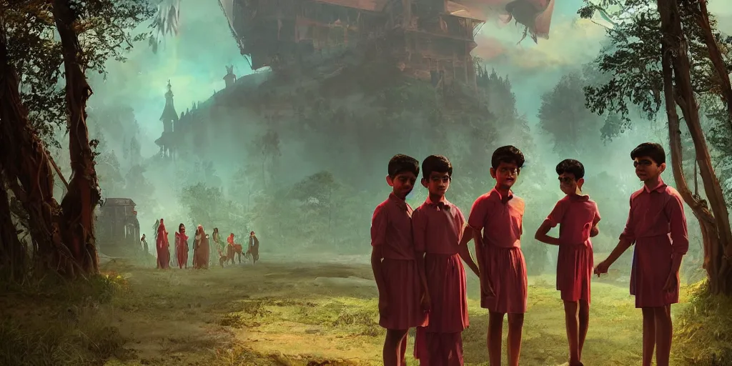 Prompt: kerala school boys wearing girls dresses posing for a photo, an epic fantasy, dramatic lighting, cinematic, establishing shot, extremely high detail, photorealistic, cinematic lighting, artstation, matte painting by simon stalenhag, shadow of the tomb rider