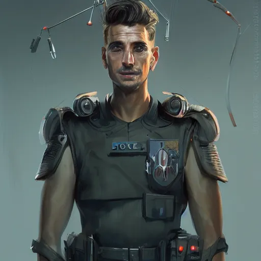 Image similar to portrait of a man by greg rutkowski, he is about 3 0 years old, mixture between german and turkish, copper quiff hair, uncanny smile, very tall and slender, he is wearing a futuristic police gear, highly detailed portrait, digital painting, artstation, concept art, smooth, sharp foccus ilustration, artstation hq