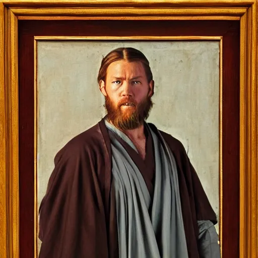 Image similar to a portrait painting of obi wan kenobi from star wars in a renaissance style hanging in the louvre