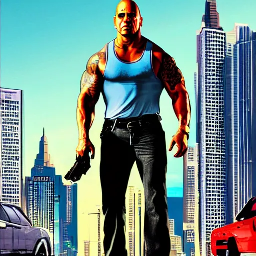 Prompt: dwayne johnson as grand theft auto v cover art,