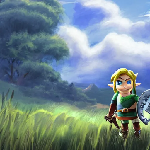 Prompt: A photo of Link from Zelda sitting in a field on a sunny day with clouds in the sky, he is old