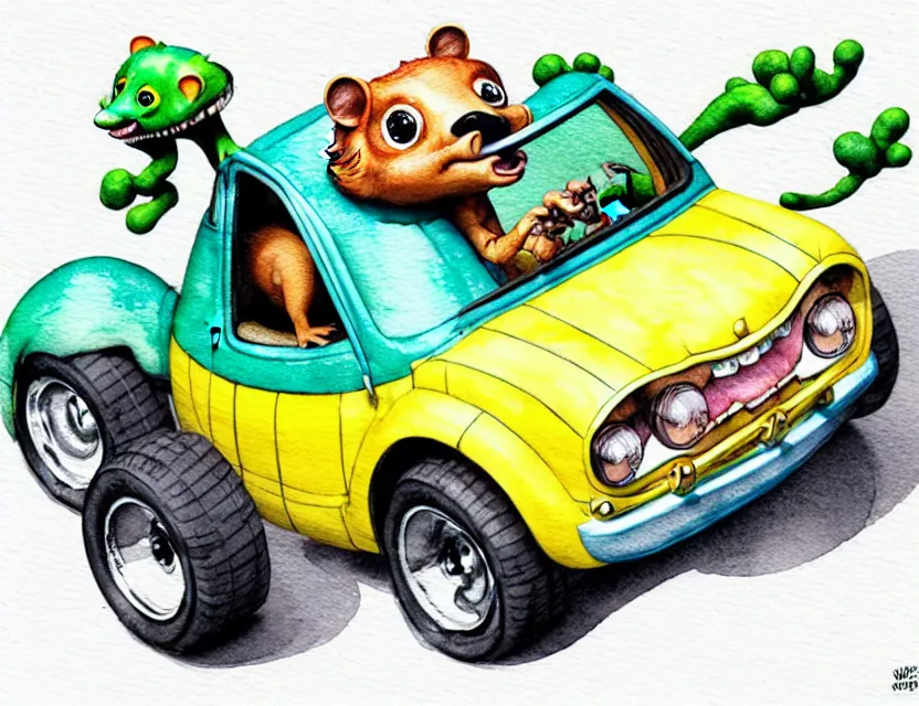 Image similar to cute and funny, quoll riding in a tiny hot rod with oversized engine, ratfink style by ed roth, centered award winning watercolor pen illustration, isometric illustration by chihiro iwasaki, edited by range murata, tiny details by artgerm and watercolor girl, symmetrically isometrically centered