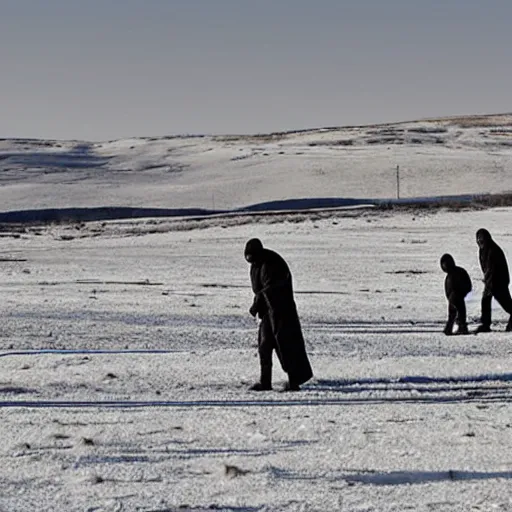 Prompt: a family of neolithic wanderers in a barren and harsh winter landscape