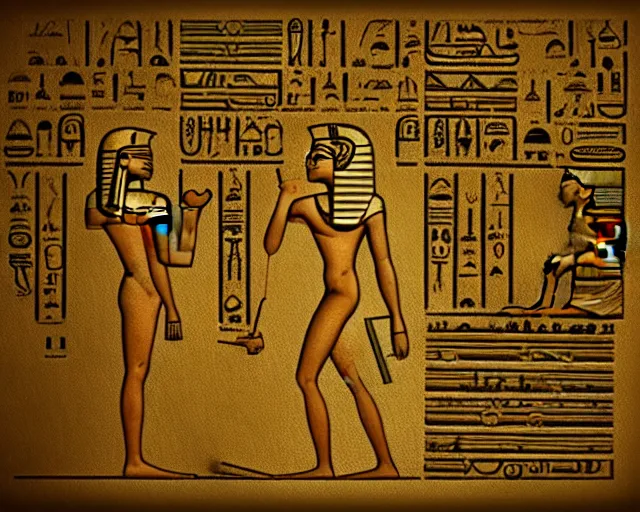 Image similar to a thin image border in the style of egyptian hieroglyphs sketched by leonardo da vinci, concept art, matte, sharp focus, illustration