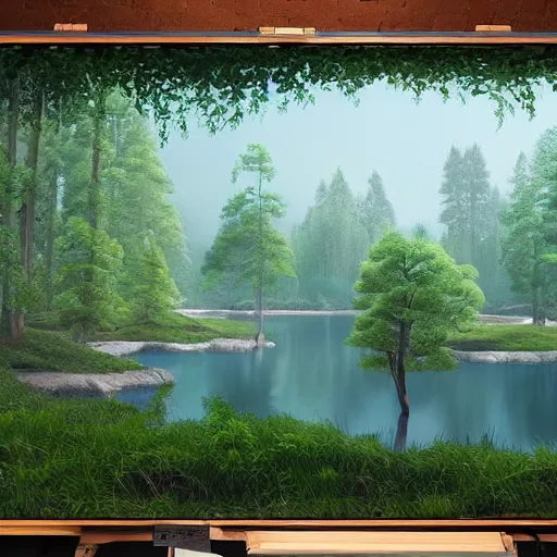 Prompt: a painting of a landscape with trees and a body of water, a detailed matte painting by Stanley Twardowicz, featured on polycount, ecological art, rendered in unreal engine, matte painting, unreal engine 5