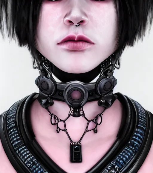 Image similar to detailed realistic female character cyberpunk wearing thick technological collar around neck, realistic, art, beautiful, 4K, collar, choker, collar around neck, punk, artstation, detailed, female, woman, choker, cyberpunk, neon, punk, collar, choker, collar around neck, thick collar, tight around neck, punk,