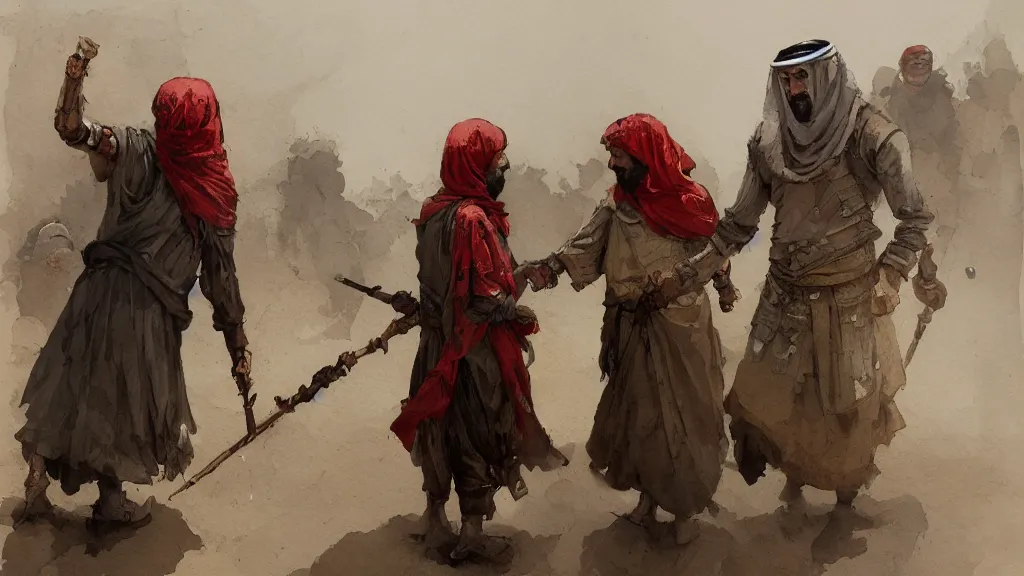 Prompt: close up of arabic merchants doing a handshake, papyrus, watercolored, jakub rozalski, dark colours, dieselpunk, artstation