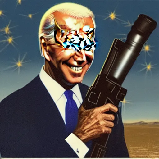 Image similar to oil painting Joe Biden with glowing eyes, looking stern, holding an RPG, in a desert landscape, epic, dark