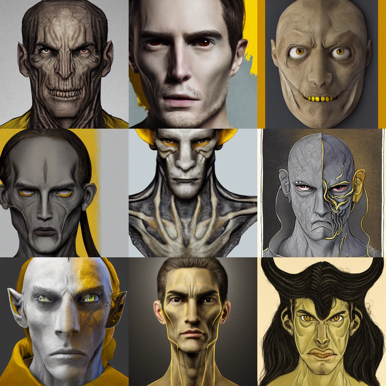Prompt: a portrait of a character with the head of a dragon, gray leathery skin, gaunt facial structure, and yellow eyes