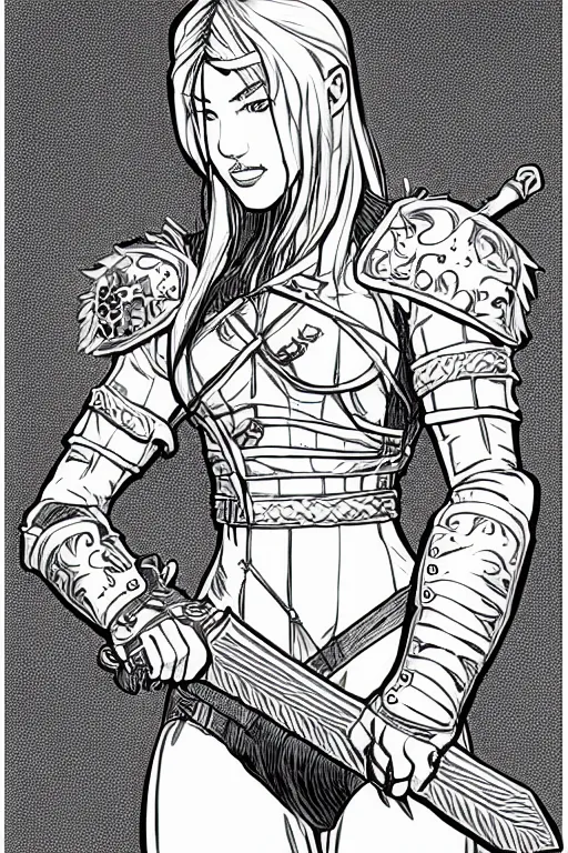 Prompt: a character lineart of a beautiful swordmaiden in leather armor, drawn with pencil, comic art, outlines, intricate, by everton sousa,