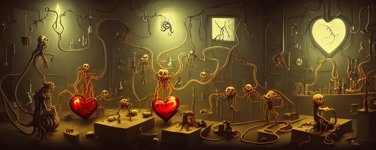 Image similar to uncanny alchemist chthonic creatures inside a visceral arterial alchemical lab within the left ventricle of a human heart, dramatic lighting, surreal fleischer cartoon characters, surreal painting by ronny khalil