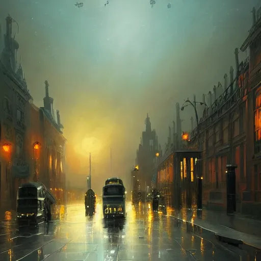 Image similar to a beautiful artwork painting of an alien mothership hovering above rainy victorian london at sunset, by andreas rocha, featured on artstation