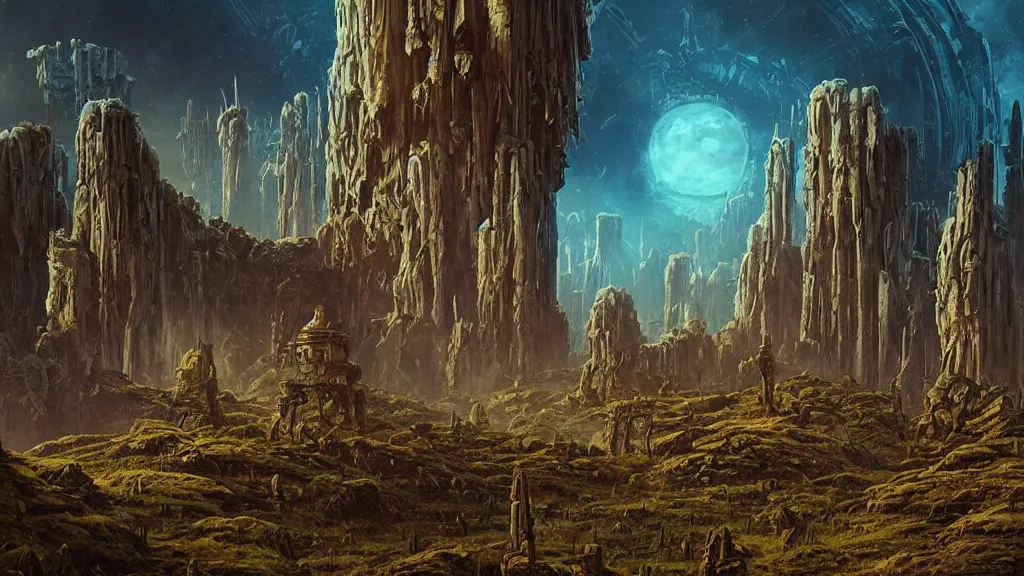 Image similar to eerie atmospheric alien planet with biomechanical plants and the ruins of civilization by les edwards and vincent di fate and anato finnstark, epic cinematic matte painting