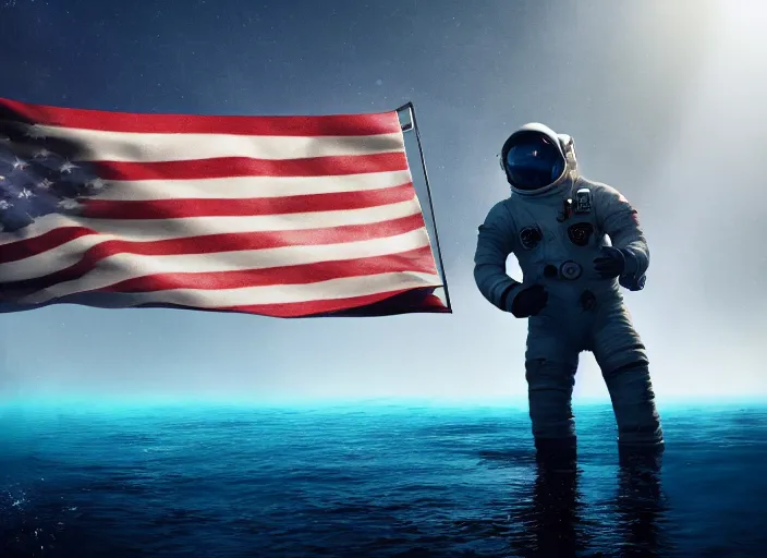 Image similar to astronaut holding a flag in an underwater desert. a submarine is visible in the distance. dark, concept art, cinematic, dramatic, atmospheric, 8 k, trending on artstation, blue, fish, low visibility, light rays, extremely coherent, bubbles, fog, ocean floor, christopher nolan, interstellar