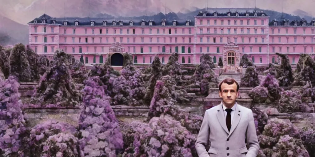 Image similar to still of Emmanuel Macron in The Grand Budapest Hotel (2014), cinematic