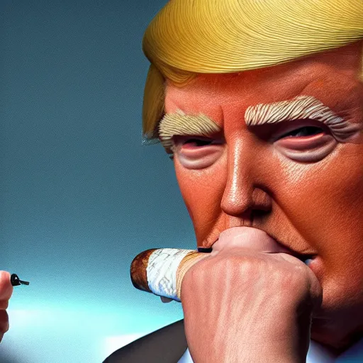 Image similar to a high quality photo of donald trump smoking a cigar, anatomically accurate eyes, 3d scene, render, ultra realistic, artstation, cgsociety