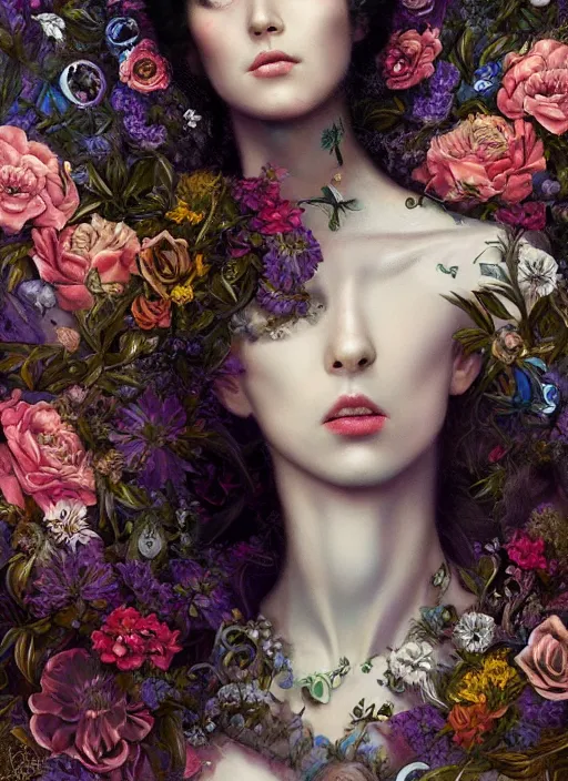 Image similar to portrait of the queen of the underworld, surrounded by flowers by karol bak, james jean, tom bagshaw, rococo, beautifuleyes!!, trending on artstation, cinematic lighting, hyper realism, octane render, 8 k, hyper detailed.