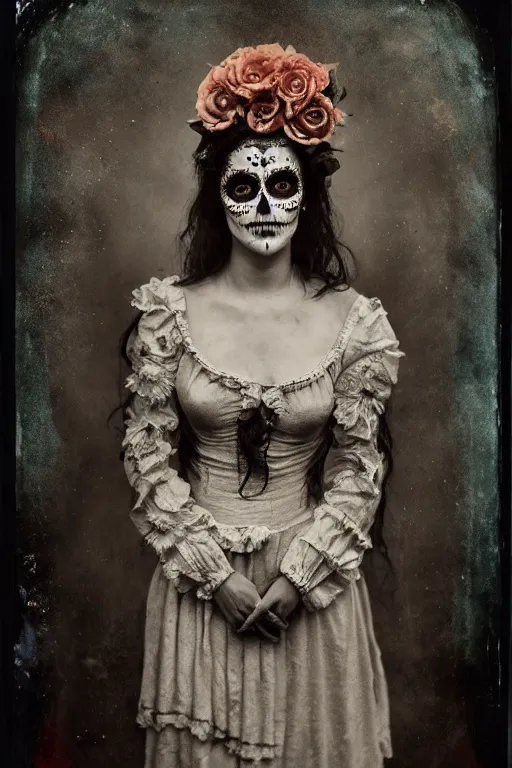 Image similar to tintype, saint teresa in dia de muertos dress and make up, horrific beautiful vibe, evocative, atmospheric lighting, painted, intricate, highly detailed, leesha hannigan, wayne haag, reyna rochin, ignacio fernandez rios, mark ryden, iris van herpen, stunning, gorgeous, sharp focus, cinematic, masterpiece