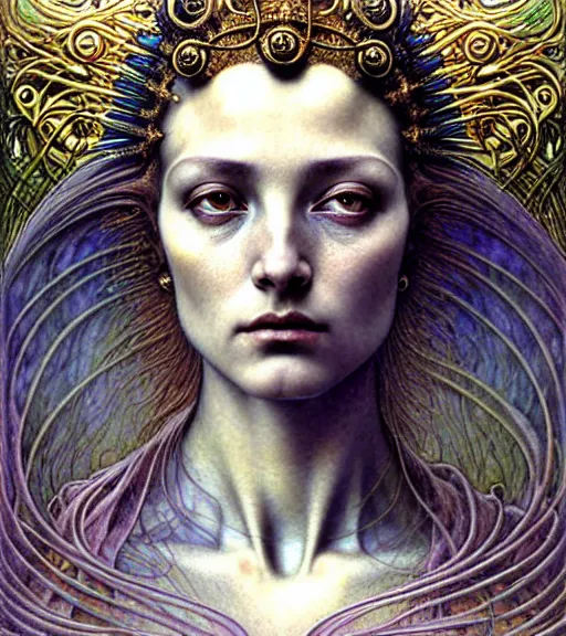 Image similar to detailed realistic beautiful young medieval alien queen face portrait by jean delville, gustave dore and marco mazzoni, art nouveau, symbolist, visionary, gothic, pre - raphaelite. horizontal symmetry by zdzisław beksinski, iris van herpen, raymond swanland and alphonse mucha. highly detailed, hyper - real, beautiful