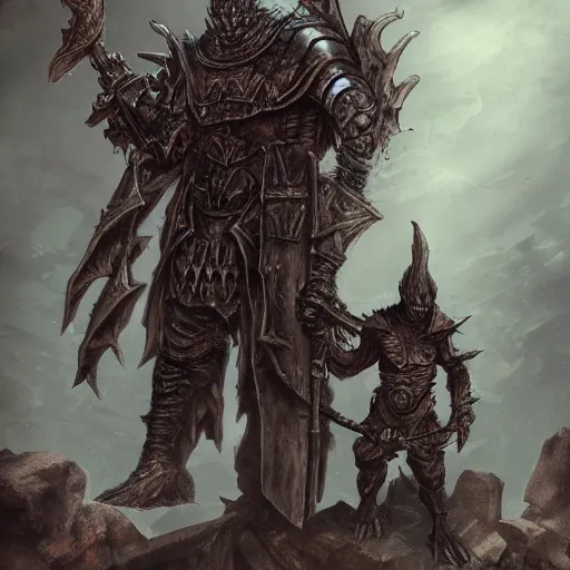 Image similar to Two headed goblin dark souls boss wielding a greatsword inside a decaying ancient fantasy temple. He wears silver armor, trending on artstation, dark fantasy, concept art