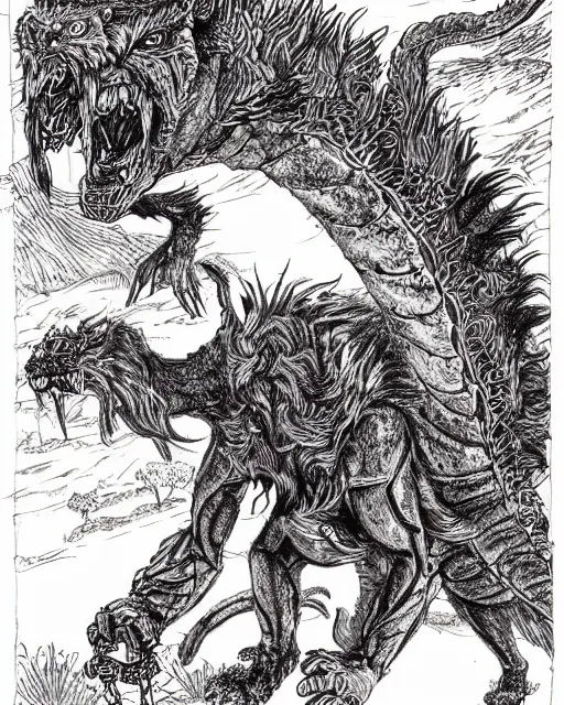 Image similar to pen and ink drawing of a manticore in the desert, by steve jackson and ian livingstone, highly detailed