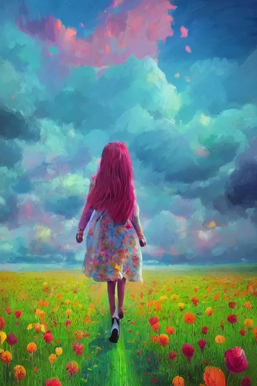 Image similar to giant flower head, girl walking in a flower field, surreal photography, sunrise, dramatic light, impressionist painting, colorful clouds, digital painting, artstation, simon stalenhag