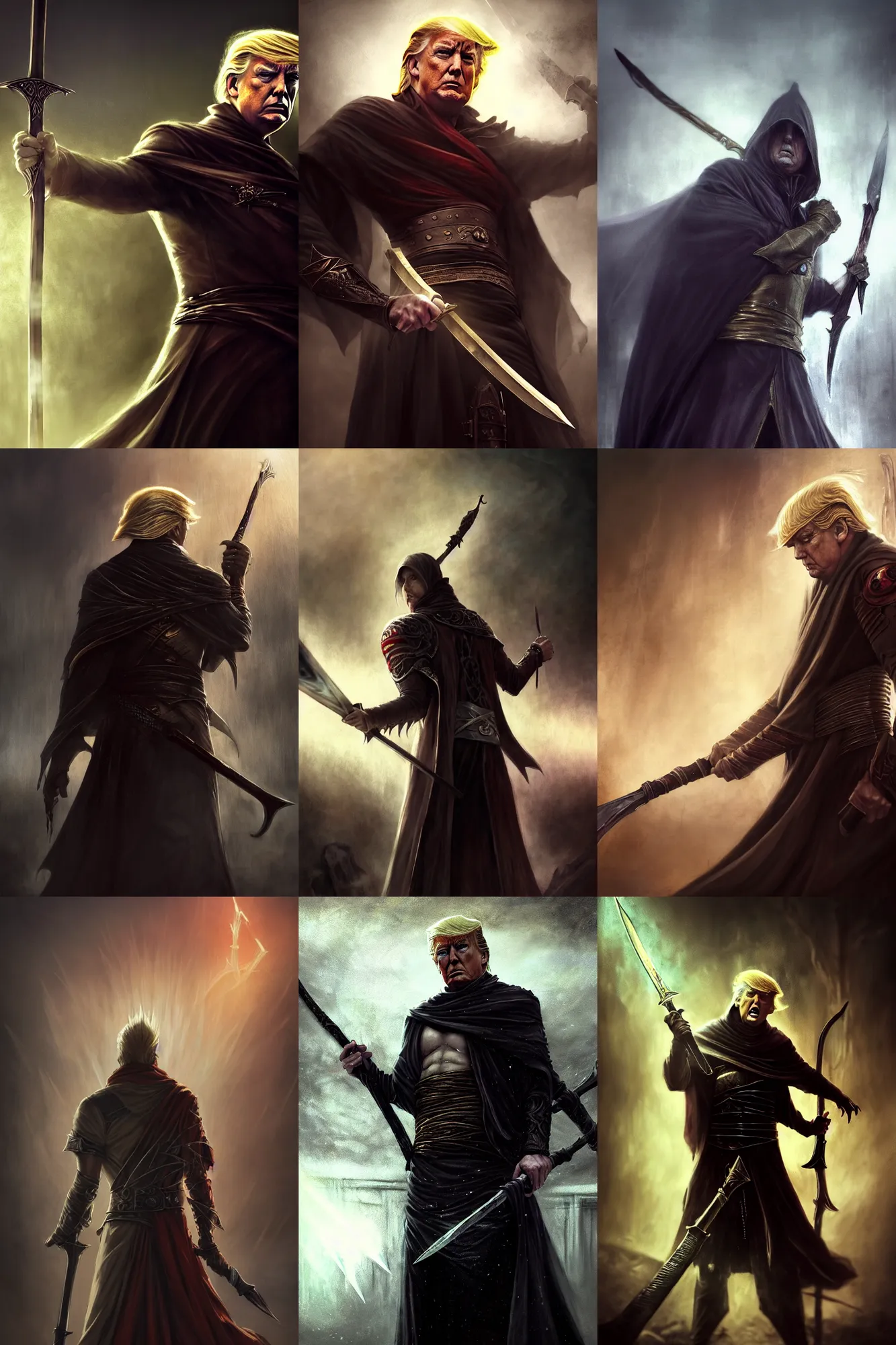 Prompt: closeup of donald trump dressed in assassin robes holding a spear in one hand, illustration by bastien lecouffe deharme, magic the gathering, shingeki no kyojin, desaturated colors, gloomy medieval background, sparse floating particles, god rays, golden hour, bleak cityscape background, grim color palette, regal aesthetic, high quality