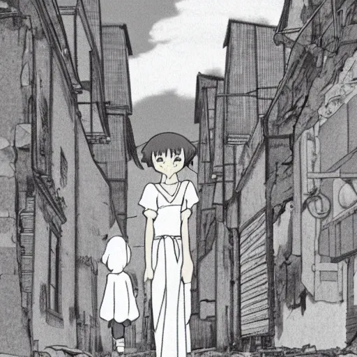 Prompt: ghost of a young girl, a burnt out town, cel shaded, studio ghibli, hayao miyazaki