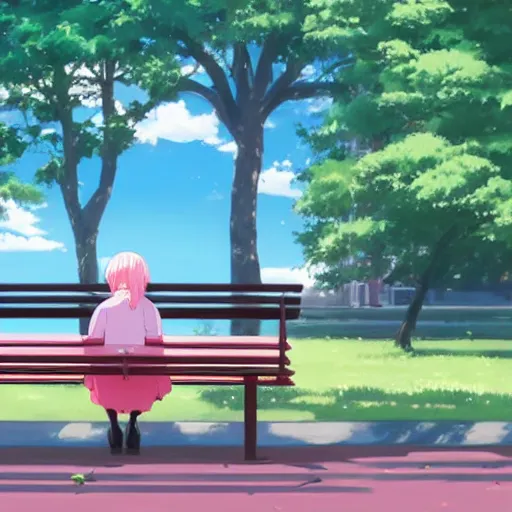 Image similar to a girl with pink hair in a school uniform sitting on a bench in a park, beautiful, perfect art, makoto shinkai