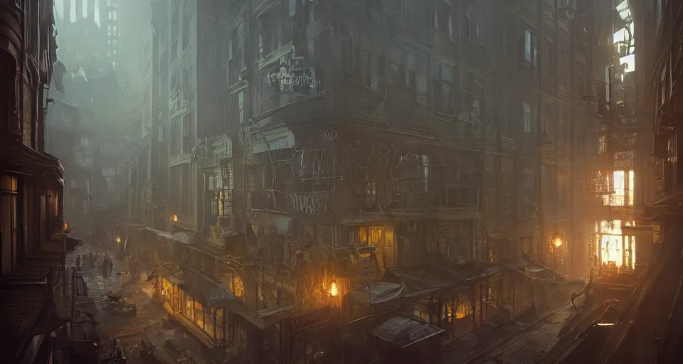 Image similar to highly detailed whitechapel 1 8 8 8, stephen bliss, unreal engine, greg rutkowski, loish, rhads, beeple, makoto shinkai and lois van baarle, ilya kuvshinov, rossdraws, tom bagshaw, tom whalen, alphonse mucha, global illumination, god rays, detailed and intricate environment