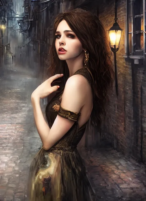 Prompt: a beauty woman walking on a dark city alley, full body, 8 k, hyperrealistic, hyperdetailed, fantasy portrait by laura sava