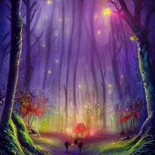 Prompt: an enchanted forest full of fireflies, night, warm light, fantasy art