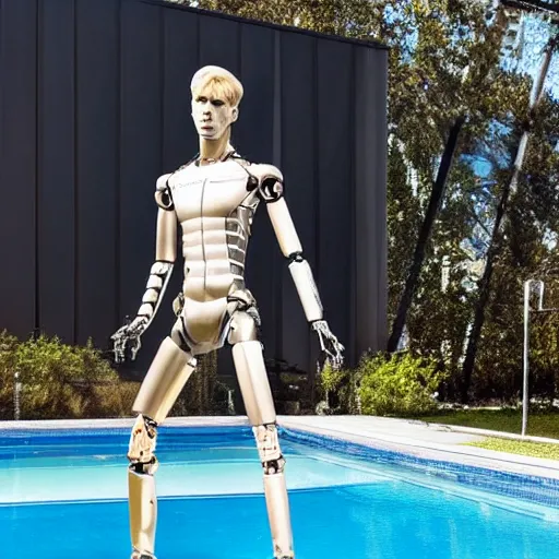 Image similar to a realistic detailed photo of a guy who is an attractive humanoid who is half robot and half humanoid, who is a male android, soccer player martin ødegaard, shiny skin, posing like a statue, blank stare, by the pool, on display, showing off his muscles, humanoid robot