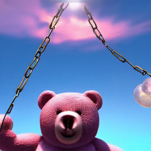 Prompt: a pink teddy bear heads interlink with plastic and metal chains floating in the sky over the Antarctic , unreal engine 5, realistic