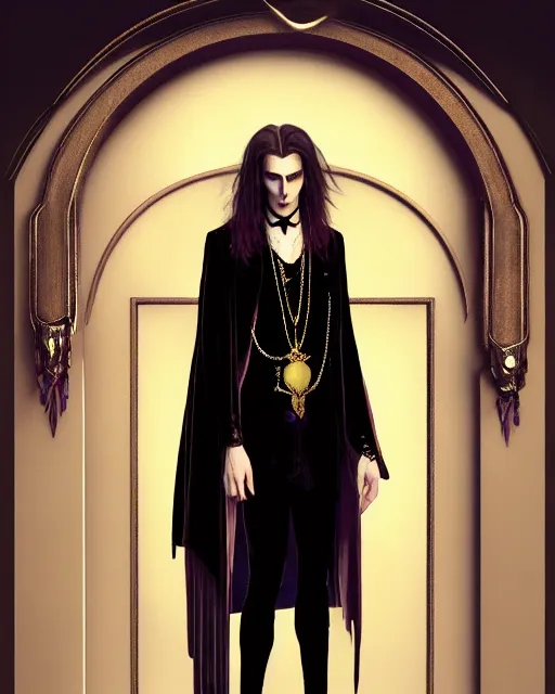 Image similar to a beautiful androgynous man, long hair, tall and thin, vampire, dressed in velvet, wearing several pendants and a choker, illustration, dramatic lighting, soft details, painting oil on canvas, art nouveau, octane render, hdr, 4 k, 8 k, hd, by edmund blair leighton, brom, charlie bowater, faces by otto schmidt